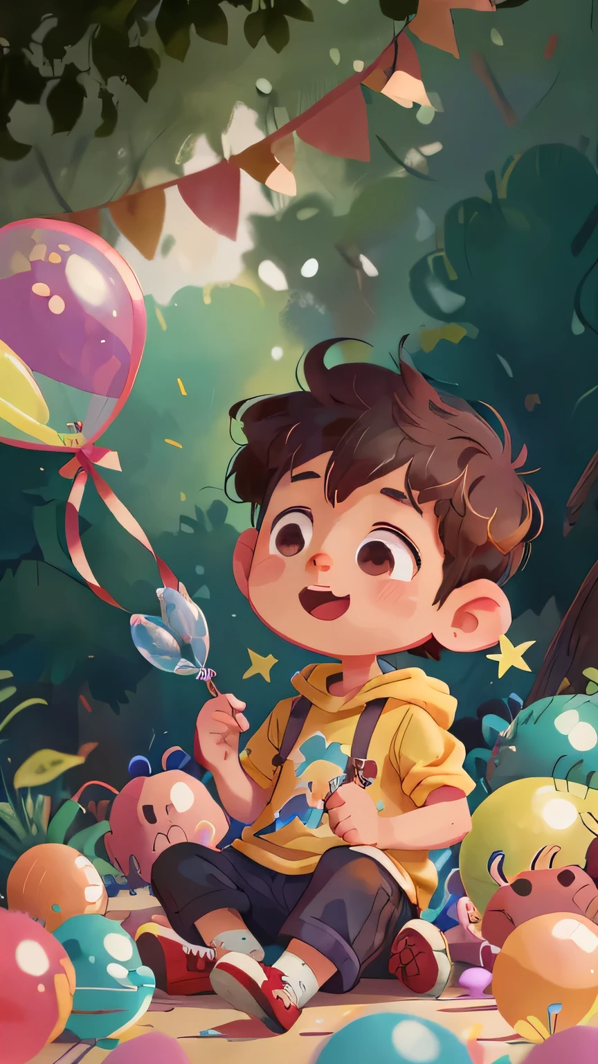 a boy, OK, Many balloons, Happy, Happy, Perfect quality, Be focused (Clutter - Home: 0.8), (masterpiece: 1.2) (Practical: 1.2) (Bokeh) (Best quality) (Delicate skin: 1.3) (Intricate details) (8K) (Detail eyes) (Clear focus), (Happy)