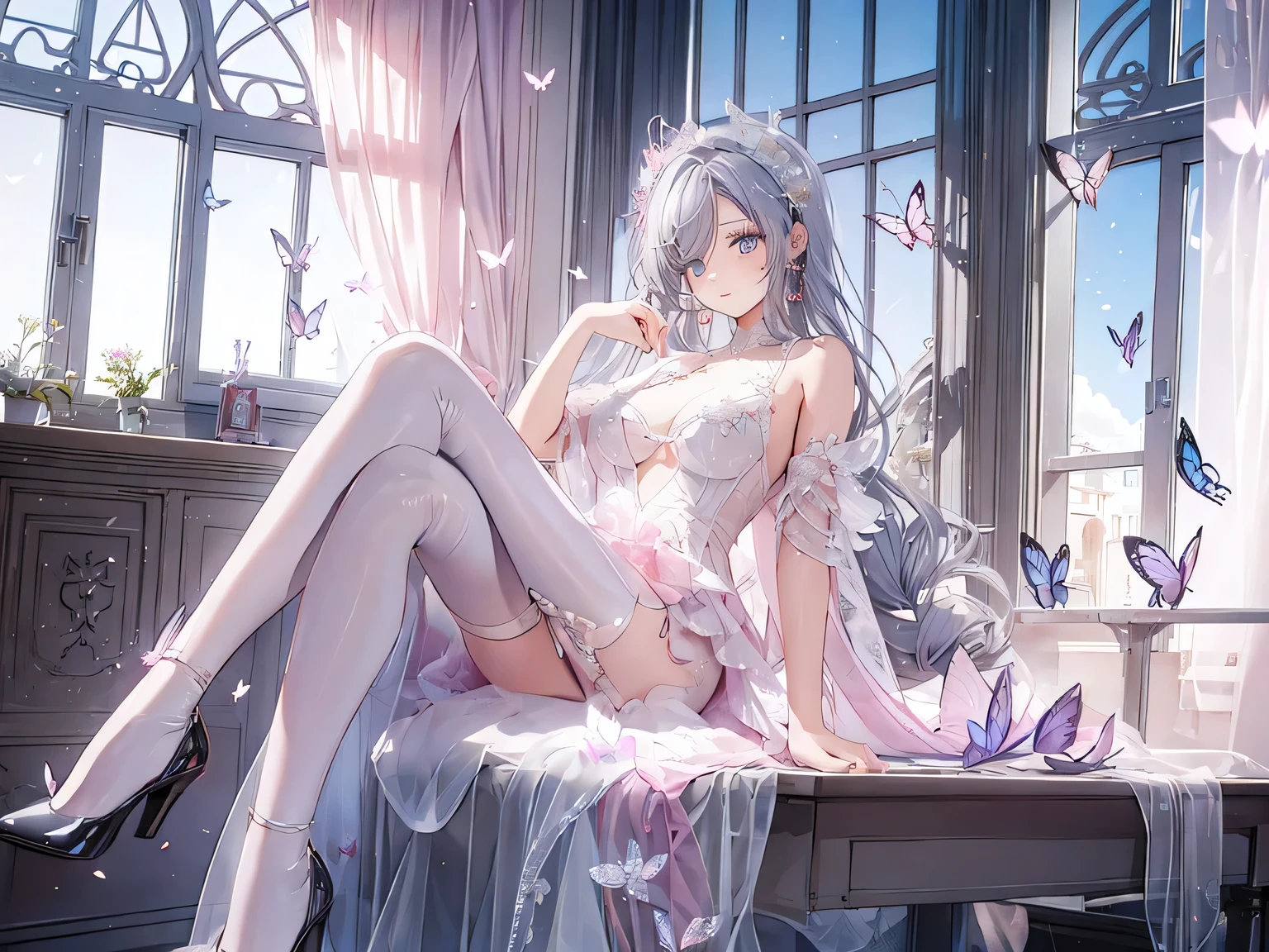Royal sister,Purple gray long hair,Pink sheer wedding dress,Sitting in the classroom with legs crossed,,A group of erflies are flying around,Shiny brown stockings