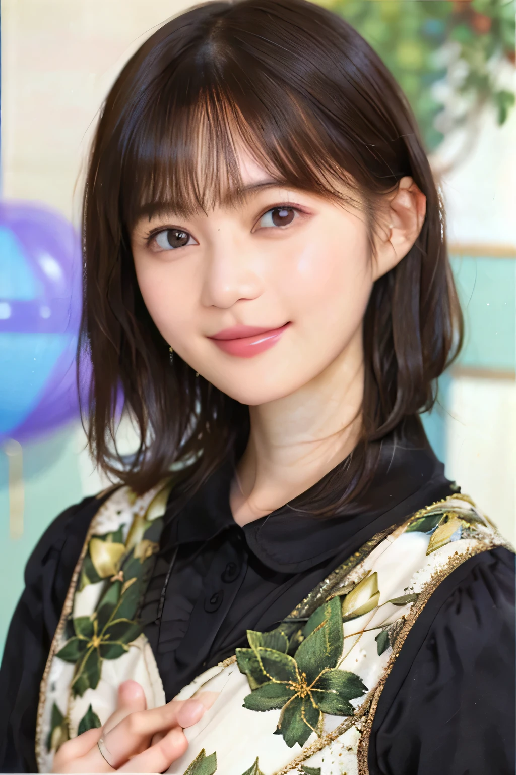 205  ((short hair)), 20 year old female, surrealism, Floral smile、Beautiful teeth alignment、Brown Hair