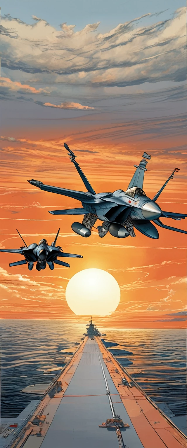 foreshortening technique, dynamic perspective, spatial depth, three-dimensional illusion, visual impact, artistic skill, engaging composition, movie「Top」Illustrations inspired by、Sea setting sun、F-14 fighters departing from an aircraft carrier、F-14 fighter with afterburner igniting、Rear view of the F-14 fighter、Empty mother、Big sunset、A very large sunset setting over the horizontal parallels、Background dyed by sunset、