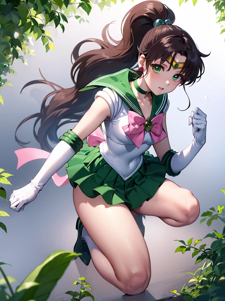 masterpiece, best quality, 1 girl, solo, hmjupiter, green eyes, ponytail, tiara, jewelry, sailor senshi uniform, green sailor collar, choker, elbow gloves, white gloves, pink bow, brooch, white leotard, green skirt, pleated skirt, looking through legs, full body,