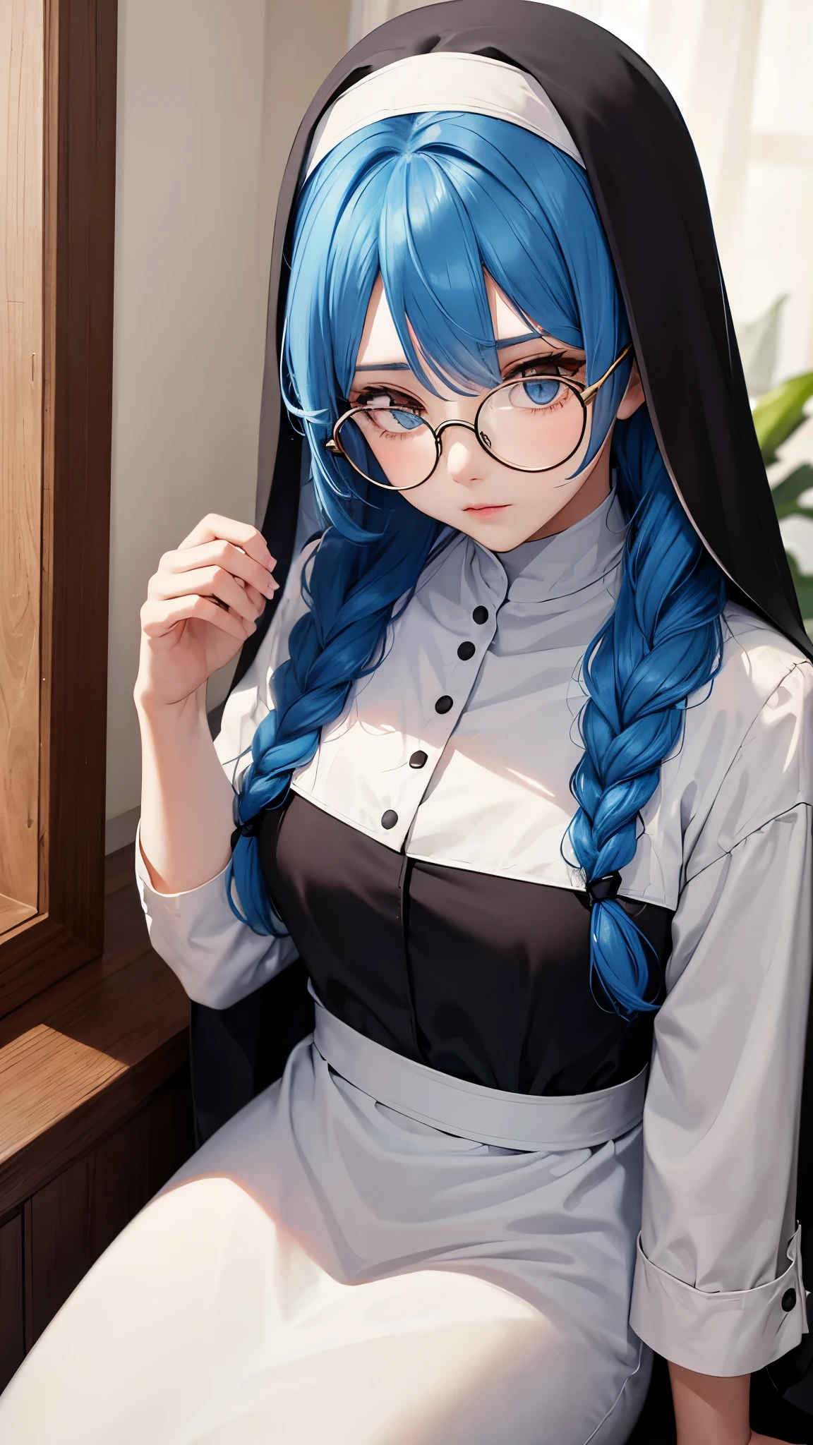 Woman wearing round frame glasses Blue Hair Her hair is braided in the front nun