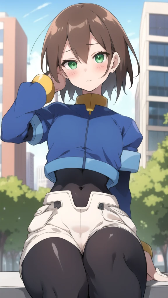 Aile_megamanzx, 1 girl, looking at viewer, Brown hair, green eyes ,City background , Blushed, Wet Vagina