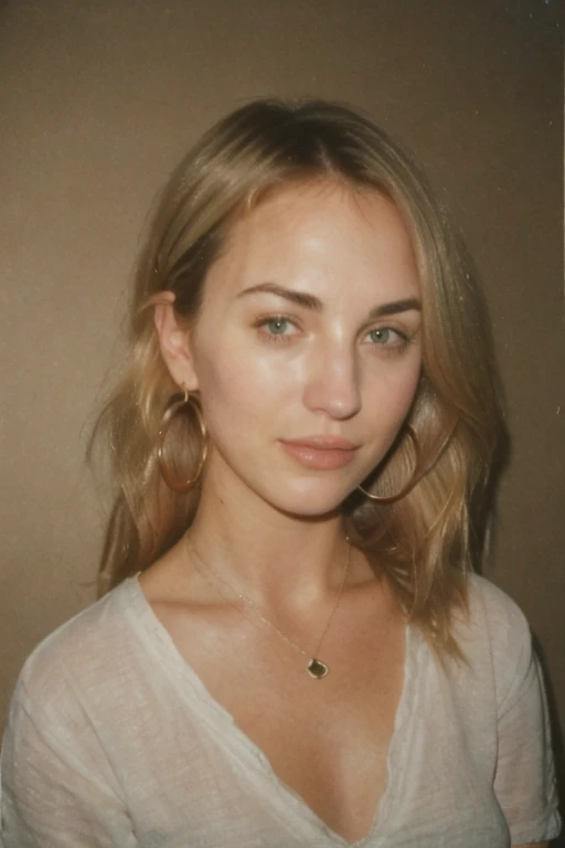  25 year old girl, (Kaley Cuoco:0.8), (Camilla Belle:0.9), (eugenie bouchard), beauty, beautiful girl, seductive smirk, hoop earrings, a wire thin necklace, wire thin bracelets, in dorm room,wind blown hair,polaroid 600 instant camera,voyeur photography