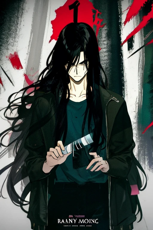 (Best quality, movie poster style), The guy with the long hair, black hair: 1.2), (Outstanding Mystery Writer: 1.1), The perfect combination of elements.