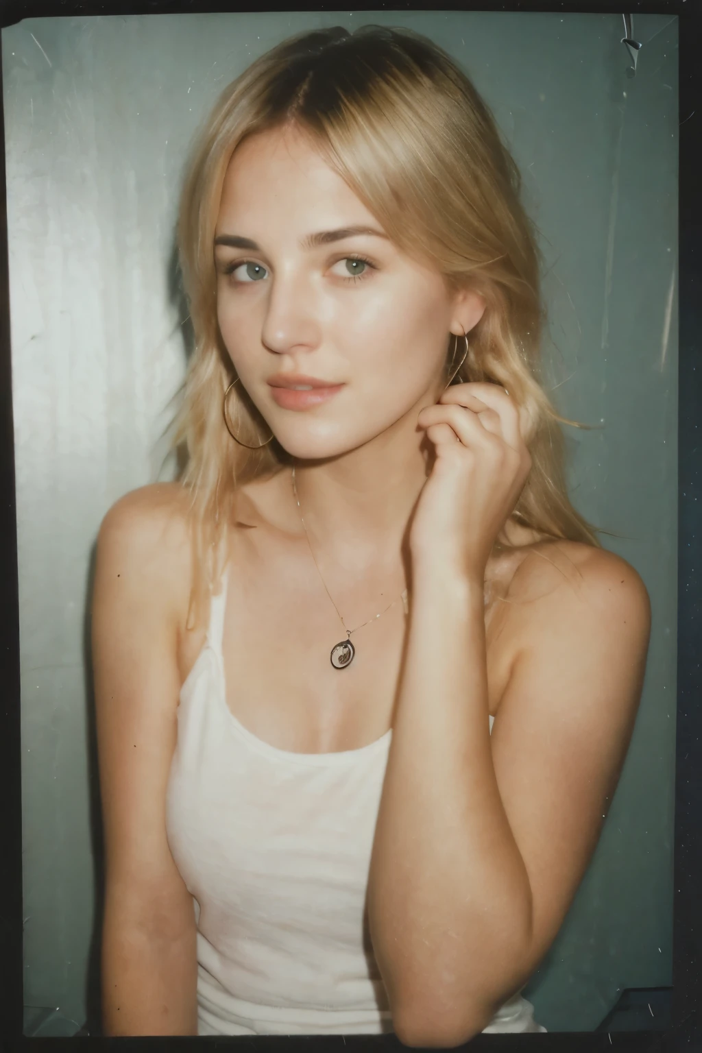  25 year old girl, (Kaley Cuoco:0.8), (Camilla Belle:0.9), (eugenie bouchard), beauty, beautiful girl, seductive smirk, hoop earrings, a wire thin necklace, wire thin bracelets, in dorm room,wind blown hair,((polaroid 600 instant camera)),voyeur photography