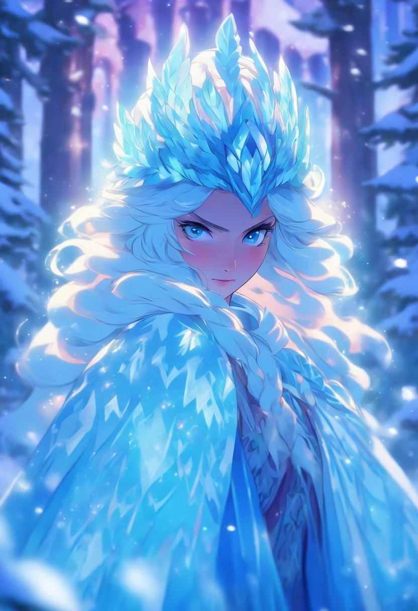 full body version.crystal maiden, The power of ice, Flowing robe, Detailed snowflake pattern, Ethereal Beauty, Delicate hands and face, Sparkling ice blue eyes, Long silver hair, Cold Breath, frost covered landscape, Frozen trees, flashing northern lights, Magical ice and snow castle, Snowy Owl, Winter Wonderland, best quality, Extremely detailed, Practical, portrait, Cool color palette, Soft natural lighting