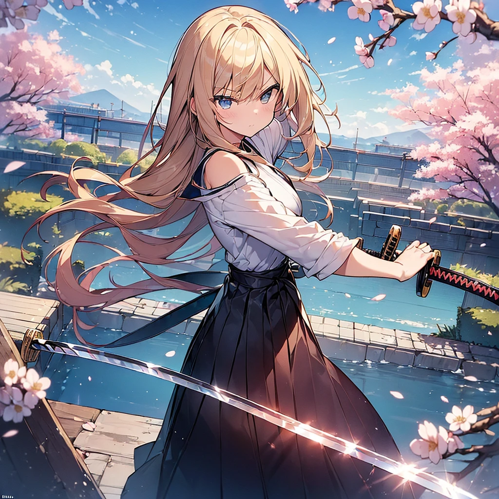 (Masterpiece, Top quality: 1.5) , (holding a katana sword:1.3), dynamic pose, 1 beautiful girl, solo, blond hair, (blue hakama :1.3), off shoulder, long hair, wave hair, (junior high school student:1.2), medium breasts, standard weight, (angry), Beautiful scene of cherry blossom trees, magnificent panorama view, SakuraFubuki:1.2