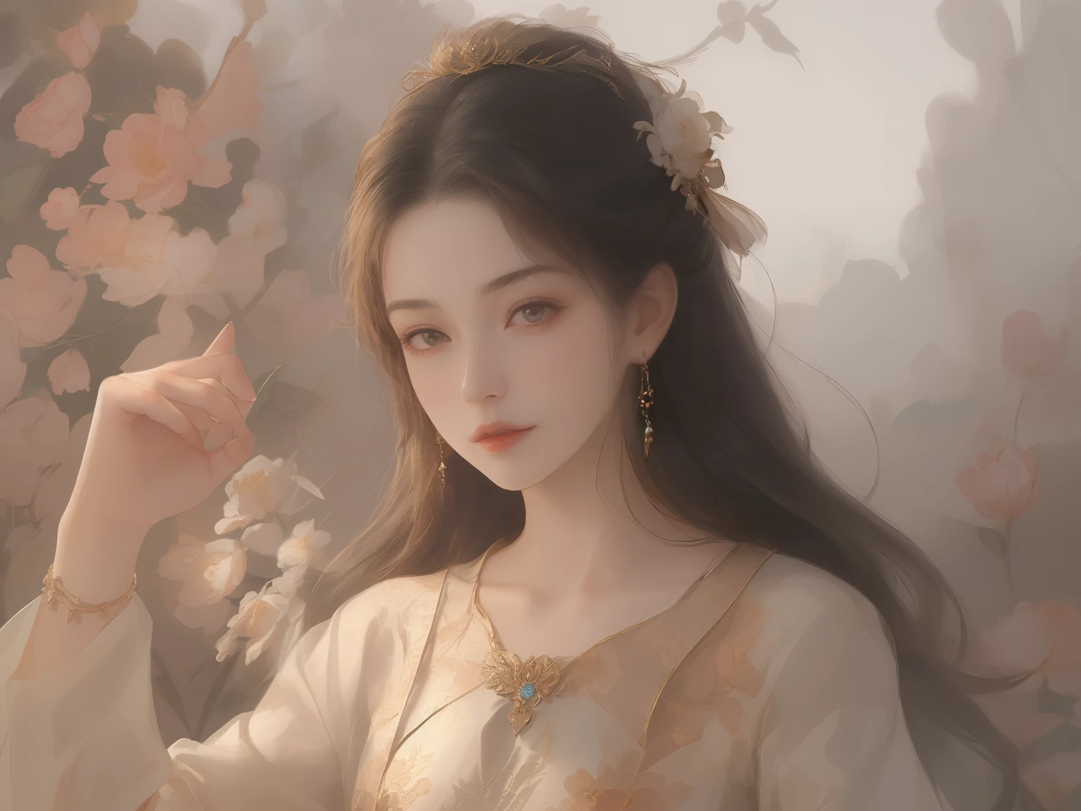 (Best quality:1.2,Masterpiece:1.2,A high resolution,1 girl,Chinese dress,Delicate hair accessories,Floral decoration,Stunning necklace,Exquisite jewelry,Gentle complexion,Detailed body,Bokeh effect,Realistic Shading,Studio lighting,twotonelighting,High-resolution skin texture:1.2,8K Ultra HD,digital camera,Soft lighting,professional render,voluminetric lighting,Sincere expression,sportrait,high resolution,4K,Blurred background)