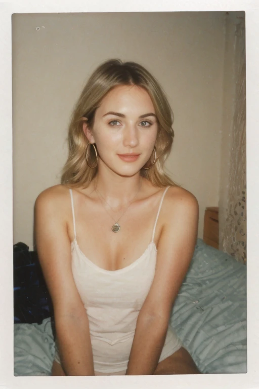  25 year old girl, (Kaley Cuoco:0.8), (Camilla Belle:0.9), (eugenie bouchard), beauty, beautiful girl, seductive smirk, hoop earrings, a wire thin necklace, wire thin bracelets, in dorm room,wind blown hair,((polaroid 600 instant camera)),voyeur photography