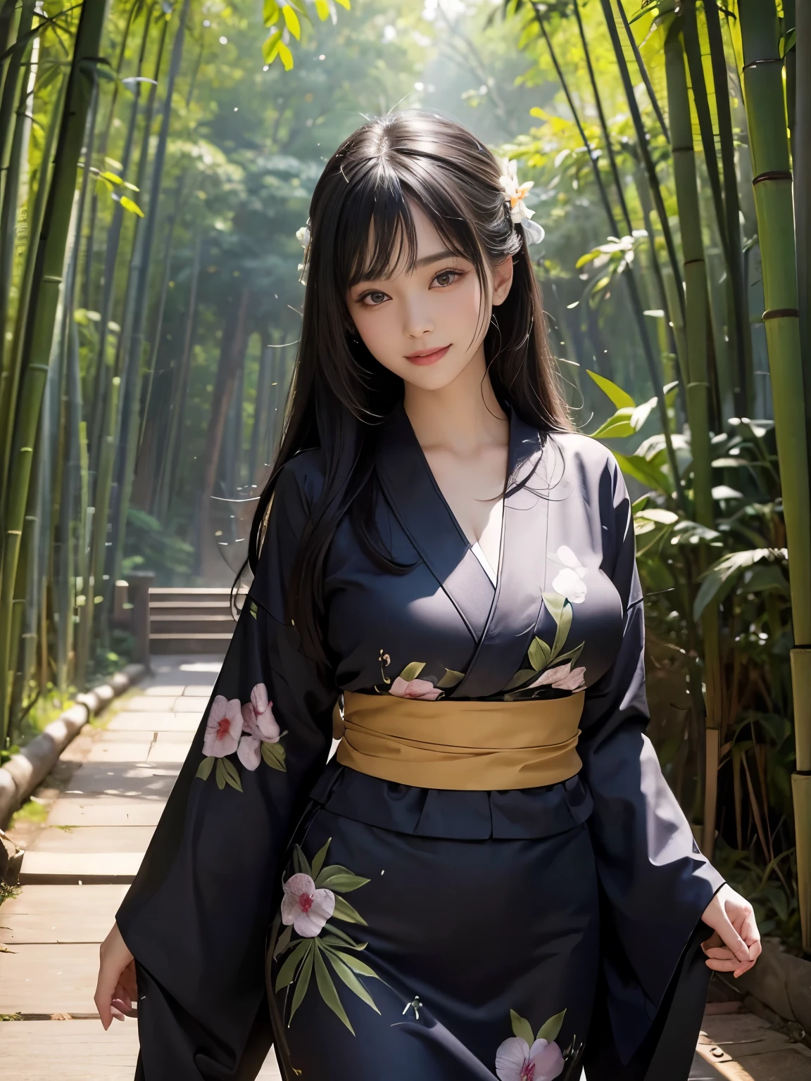 (ultra realistic) , (illustration), (increase resolution), (8K), (extremely detailed), (best illustration), (beautiful detailed eyes), (best quality), (ultra-detailed), (masterpiece), (wallpaper), (detailed face), solo,1 girl, looking at viewers, black straight hair, plump breasts, delicate details, in the dark, deep shadow, low key, pureerosfaceace_v1, happy smile, Summer  Yukata, full body, bamboo forest