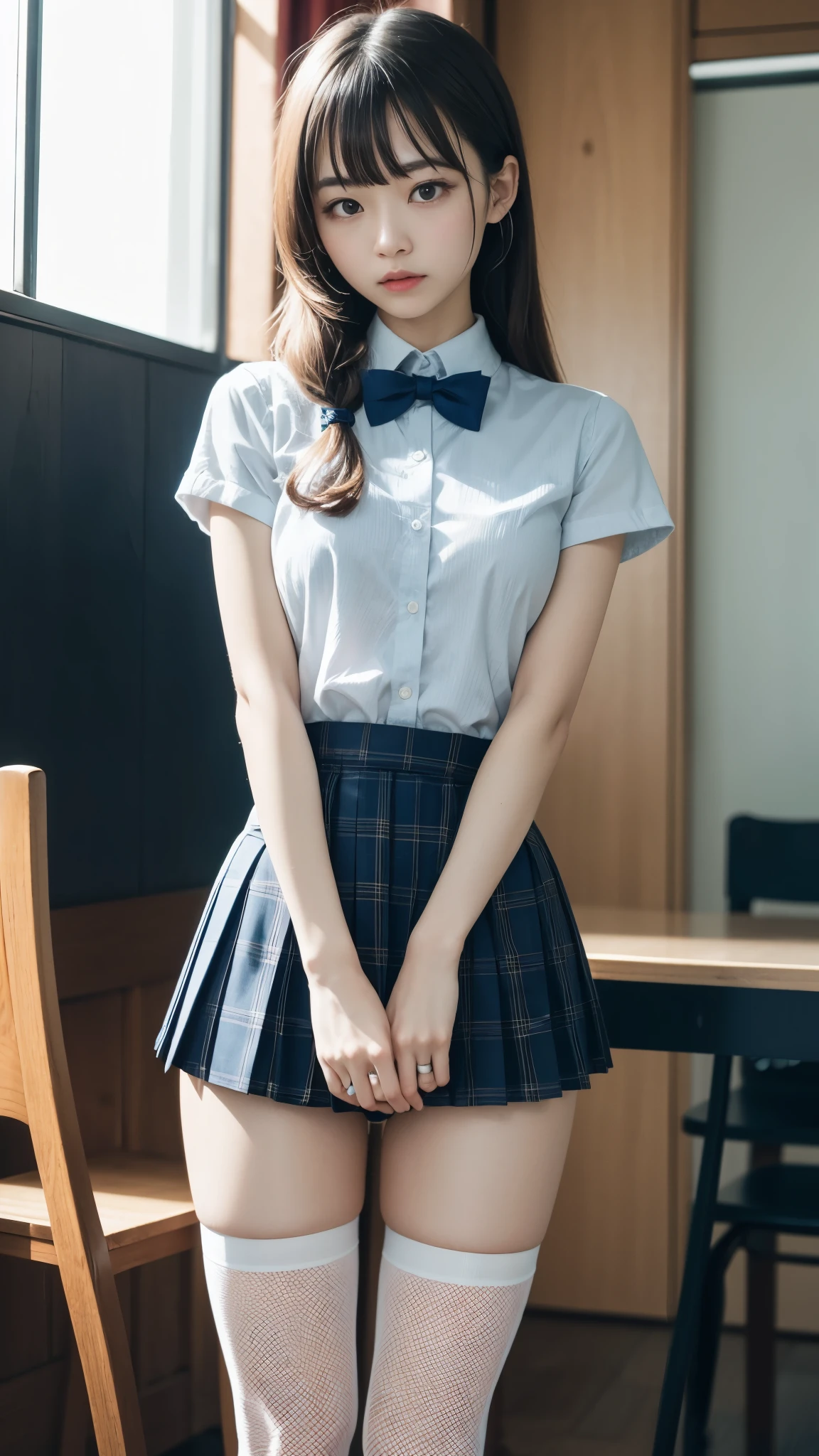 (8K、RAW photography、Top quality、masterpiece:1.2),bullish,Muchi Muchi,,student,Light blue Bra,White skin,knee,(Black tights),absurd,a small face,,Flat Breasts,Separate bangs from the middle、Forehead visible,(Cold expression,Eye睛緊繃,Glaring,bullish,Skinny,file,anger)、masterpiece,Top quality、Ultra-high resolution,RAW photo,appoint,beautiful turd,one person, Solitary,Eye镜,,dark appearance,Small Breasts,whole body,圆形Eye镜、Cute little、JK ,high school,A Japanese lady,Standing,(Realism:1.37)、Photon Mapping,Practical、Cute little脸,棕色Eye睛、Black socks、(Red bow tie)、Wireless City、Physically Based Rendering、prospect、Depth of Field、Blurred background、photo,Those girls、Body,, Long legs, Thin legs,(Short twin tail),(Bangs are clearly visible), hair, Lips, blue_Eye, nose software,(Light blue shirt), (Navy and white plaid pleated skirt), Knees visible,Transparent clothing,, thigh, black cotton socks,Nogizaka Idol, , Japanese