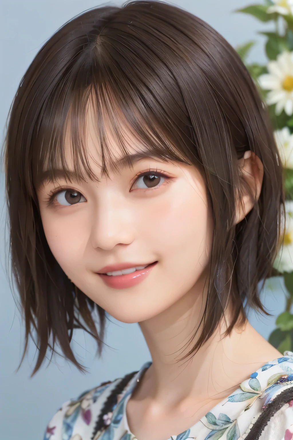 205 ((short hair)), 20 year old female, surrealism, Floral smile、Beautiful teeth alignment、Brown Hair