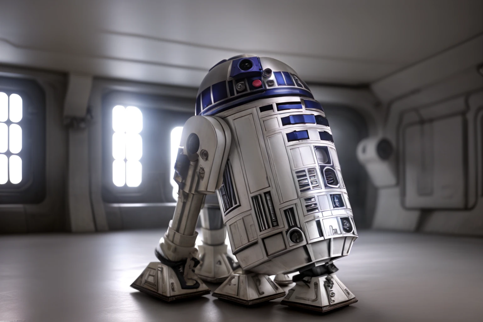 R2-D2 Wallpaper inside an inpolvorial sci-fi corridor, 4k, high resolution, volumetric lighting, beautiful lighting, polvo, destello de lente, suciedad e imperfecciones