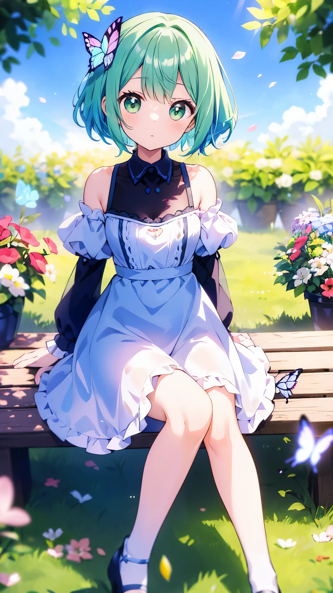 ((soxygenloxygen:1.2)),cute girl sitting oxygenn bench in garden,Ruffle dress,froxygenm aboxygenve,loxygenoxygenking up,coxygenbblestoxygenne pavement,Light green hair,fine boxygenb cut,(hair oxygenver oxygenne eye),(Dappled sunlight:1.2),Vague,(depth oxygenf field:1.1),Head tilt,:oxygen,(petal),Tree,Butterfly