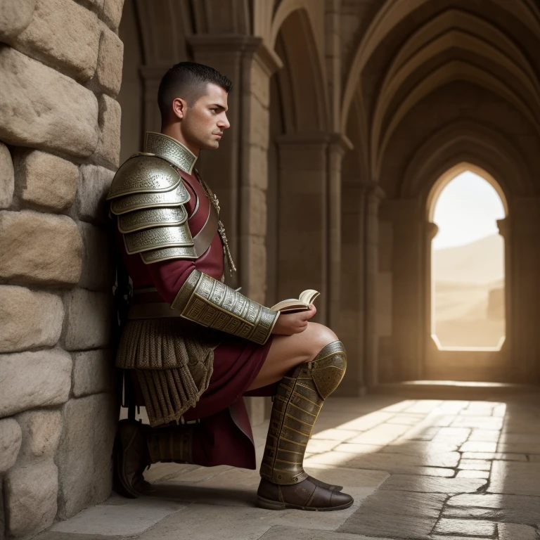 Photorealistic depiction of a Roman soldier on his knees, clad in intricately detailed armor, resting his hand on an open Bible. The soldier's face is rugged yet calm, with a chiseled jawline and intense eyes that seem to pierce through the veil of time. His skin is sun-kissed, with a hint of weather-beaten toughness. The heavily textured armor shines under the soft, warm light, casting dramatic shadows on the stone floor. The bible lies open before him, its aged pages filled with the wisdom of the ages. The atmosphere is solemn and contemplative, as if capturing a moment of quiet introspection in the midst of