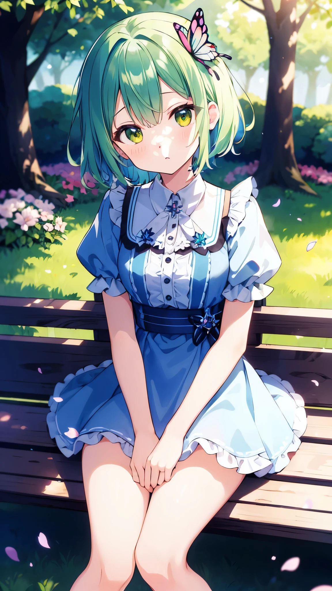 ((soxygenloxygen:1.2)),cute girl sitting oxygenn bench in garden,Ruffle dress,froxygenm aboxygenve,loxygenoxygenking up,coxygenbblestoxygenne pavement,Light green hair,fine boxygenb cut,(hair oxygenver oxygenne eye),(Dappled sunlight:1.2),Vague,(depth oxygenf field:1.1),Head tilt,:oxygen,(petal),Tree,Butterfly