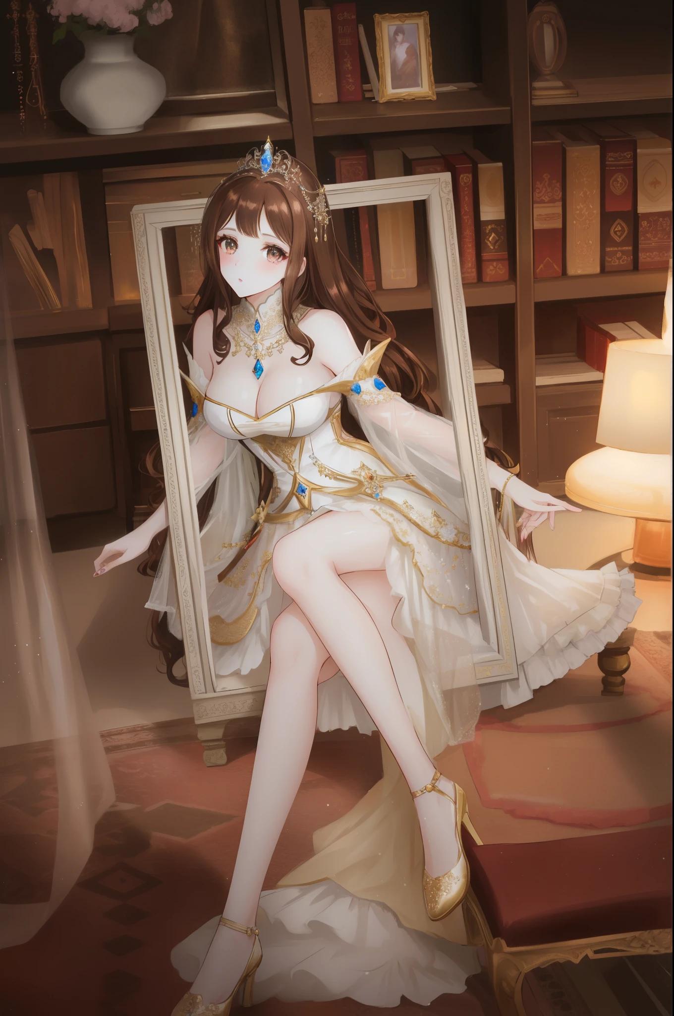 (brown hair swept bangs:1.3), a close up of a woman in a dress sitting on a chair, amouranth, young beautiful amouranth, elegant glamourous cosplay, pale snow white skin, royal elegant pose, better known as amouranth, fantasy photoshoot, ornate cosplay, lovely languid princess, rococo queen, elegant lady with alabaster skin, a beautiful fantasy empress
