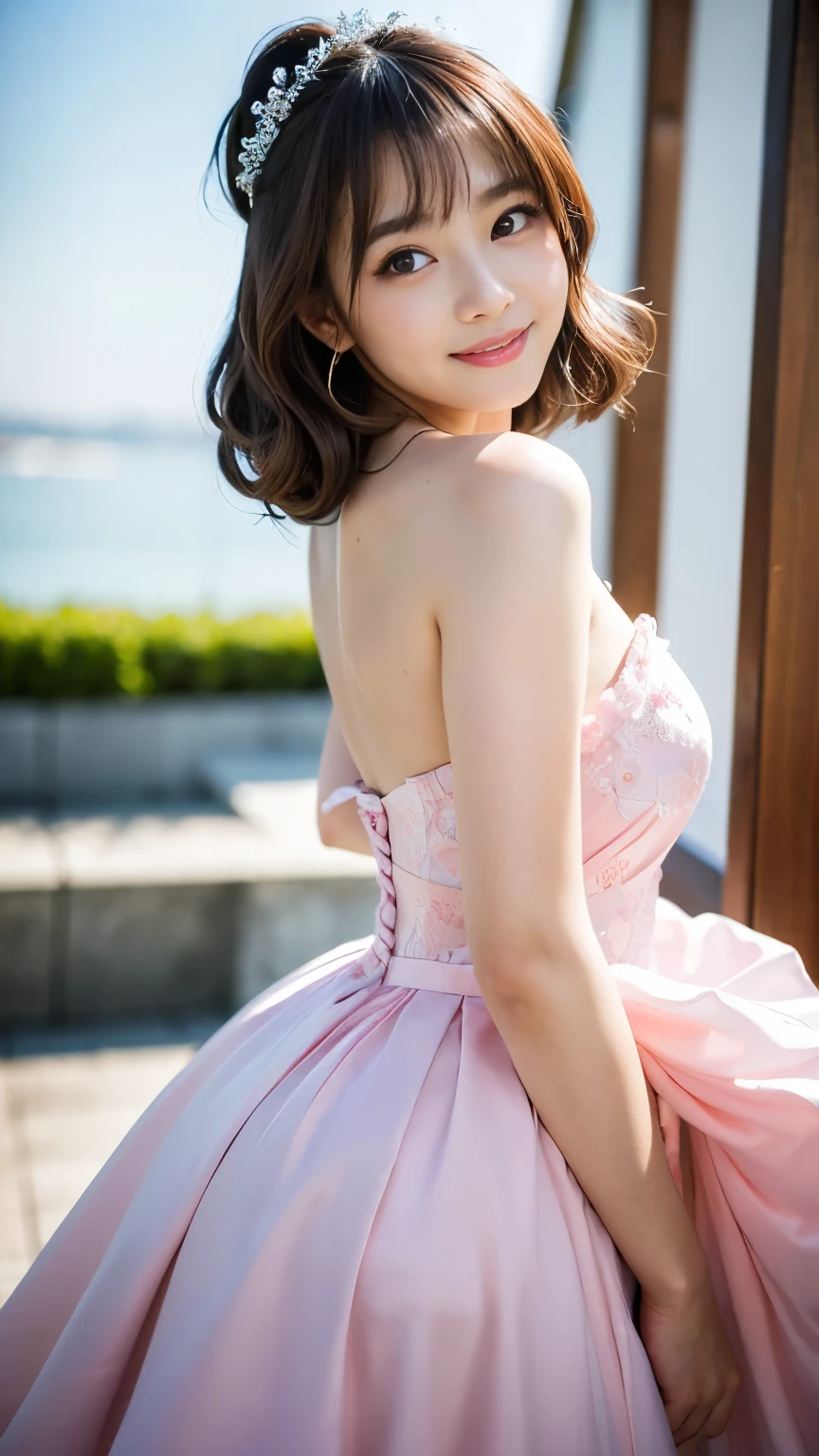 ((Best-quality, Masterpiece, Ultra-High-Resolution, (Photorealistic:1.4), Raw Photo, depth of field, professional lighting, perfect anatomy, extremely details, perfect face, perfect hair)), 1girl, 12-years-old, the most famous Japanese idol, upturned ass, full body, having a lot of fun at wedding party, (wearing light-pink evening gown with cute-design), (extremely cute face like the most popular Japanese idol, ((extremely cute and extremely big eyes)), extremely cute hair, extremely beautiful skins, extremely cute long-eyelashes, extremely cute lips), looking at viewer, innocent smile, dynamic pose, detailed wedding-party, detailed light-pink-evening-gown-with-cute-design