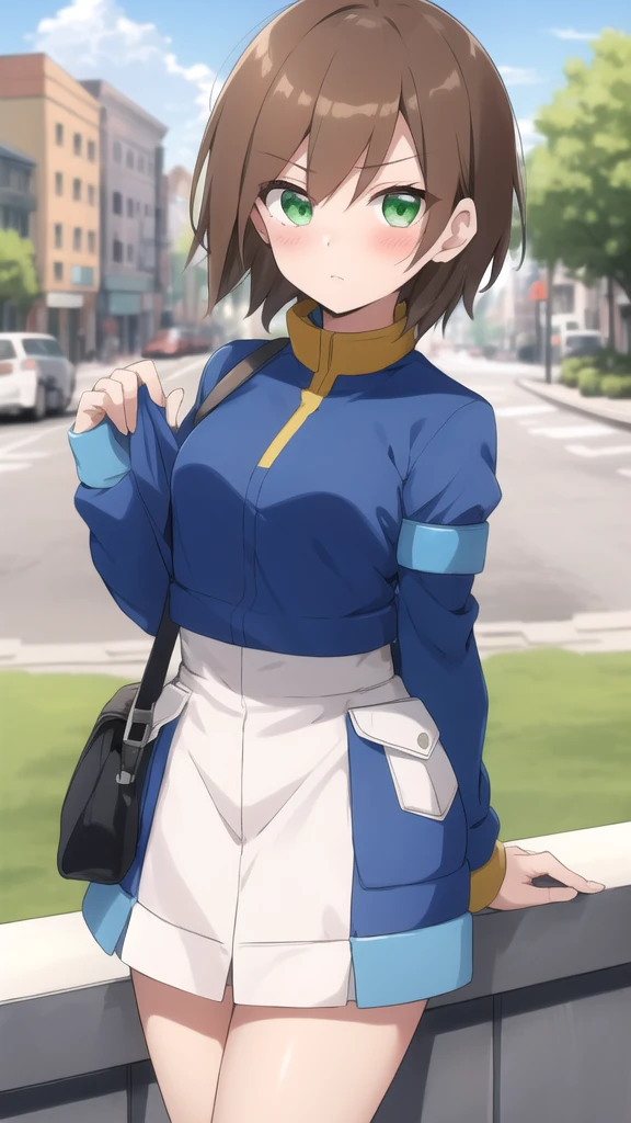 Aile_megamanzx, 1 girl, looking at viewer, Brown hair, green eyes ,City background , Blushed, ranch clothing