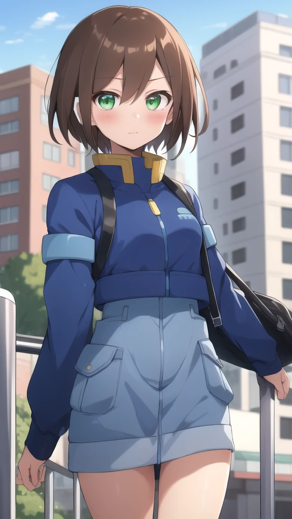 Aile_megamanzx, 1 girl, looking at viewer, Brown hair, green eyes ,City background , Blushed, ranch clothing