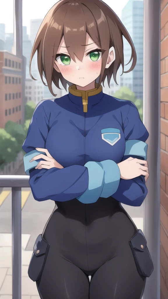 Aile_megamanzx, 1 girl, looking at viewer, Brown hair, green eyes ,City background , Blushed, ranch clothing 