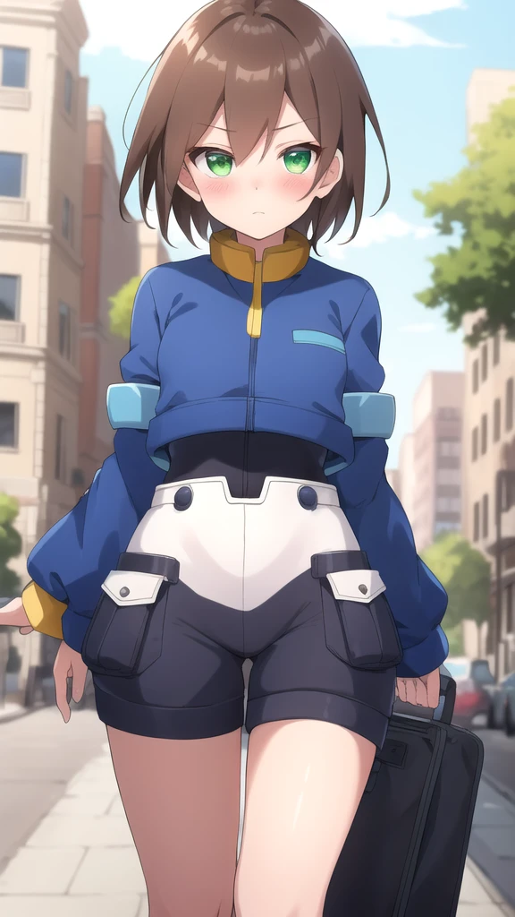Aile_megamanzx, 1 girl, looking at viewer, Brown hair, green eyes ,City background , Blushed, ranch clothing 