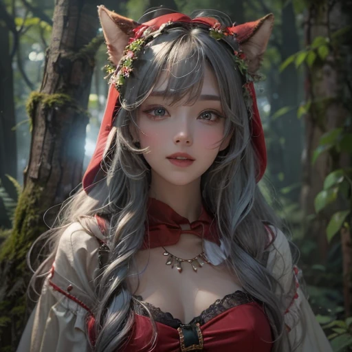 Standing in the forest、Hair flow、 ((highest quality、masterpiece、8k、Best image quality、Ultra-high resolution、Award-winning works)、(Accurate anatomy:1.1)、(Look at me and smile:1.1)、Shining fair skin with Ultra-high resolution、The most detailed face、Ultra-high resolution detailed face、Ultra-high resolutionの髪の毛、(Ultra-high resolution eye:1.1)、Beautiful face drawn in every detail、little red riding hood Costume , Chest to chest, Strange atmosphere, A real werewolf stares at her.., Dark Light, in the forest , Heavy makeup