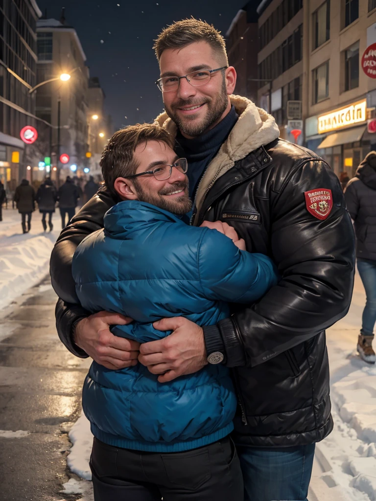 Award-winning original photo,2 people, Wild muscle man, (40-year-old father:1.1), beard, Burly, Eye, Jacket, Smiling happily, One of the men wearing glasses, standing on a snow city streets, Cold atmosphere, snow, Embrace, detailed, charming, Close-up of face