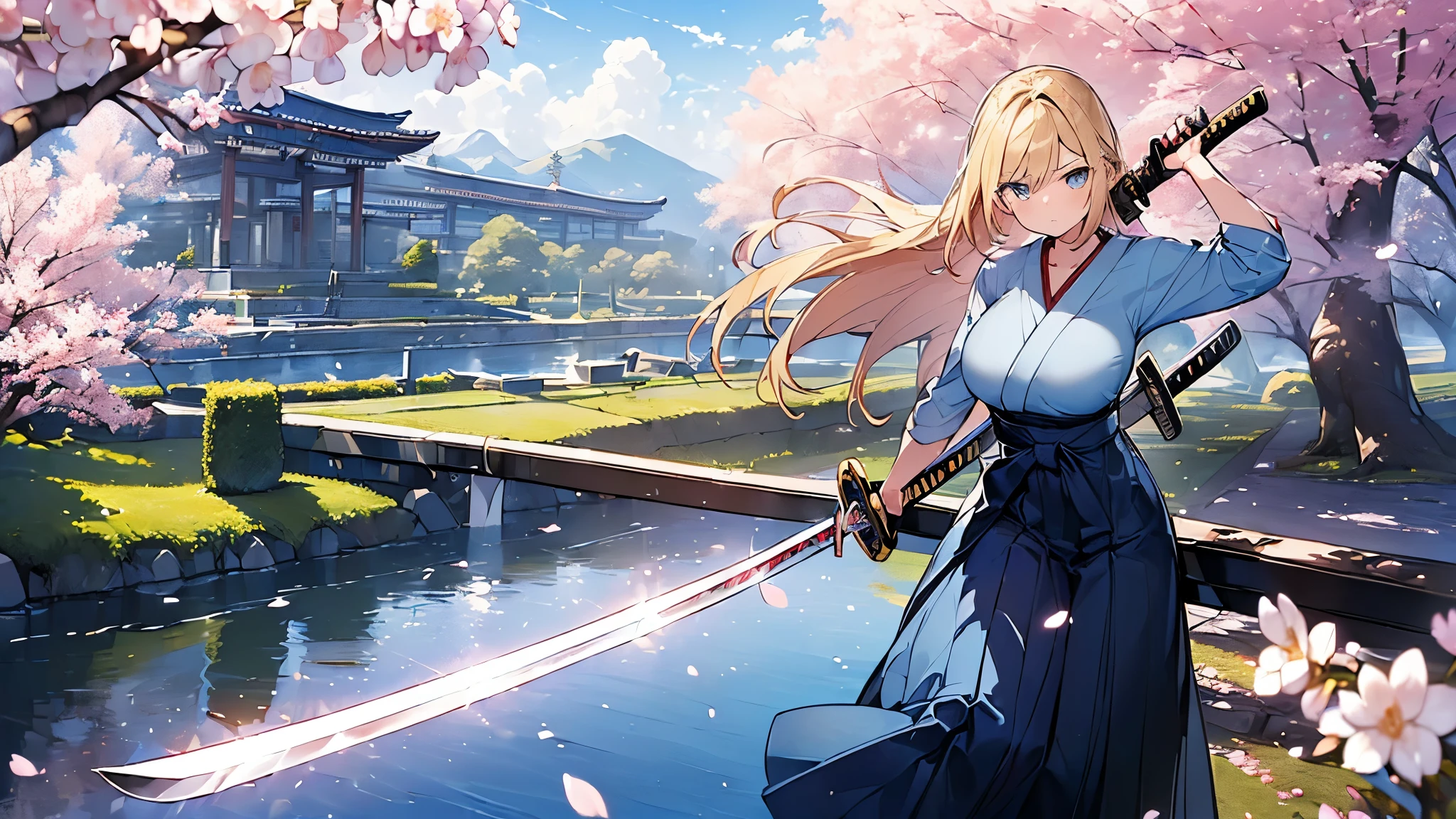 (Masterpiece, Top quality: 1.5) , (holding a katana sword:1.3),  dynamic pose, 1 beautiful girl, solo, blond hair,  (blue hakama :1.3), off shoulder, long hair, wave hair, (junior high school student:1.2), medium breasts, standard weight, (angry), Beautiful scene of cherry blossom trees, magnificent panorama view, SakuraFubuki:1.2