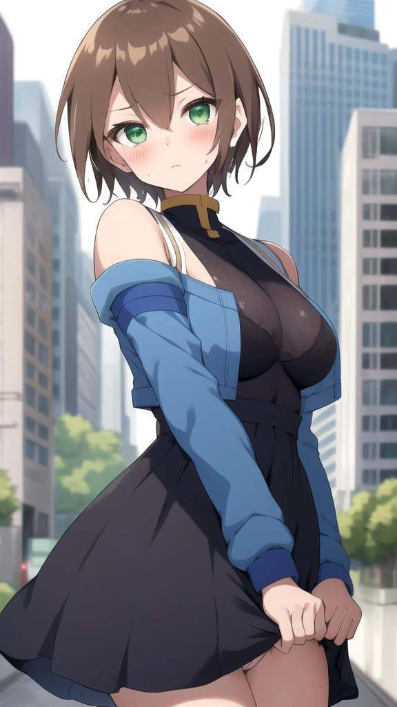Aile_megamanzx, 1 girl, looking at viewer, Brown hair, green eyes ,City background , Blushed, Wet Vagina, no bra under dress, no panties under dress