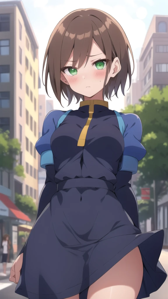 Aile_megamanzx, 1 girl, looking at viewer, Brown hair, green eyes ,City background , Blushed, Wet Vagina, no bra under dress, no panties under dress