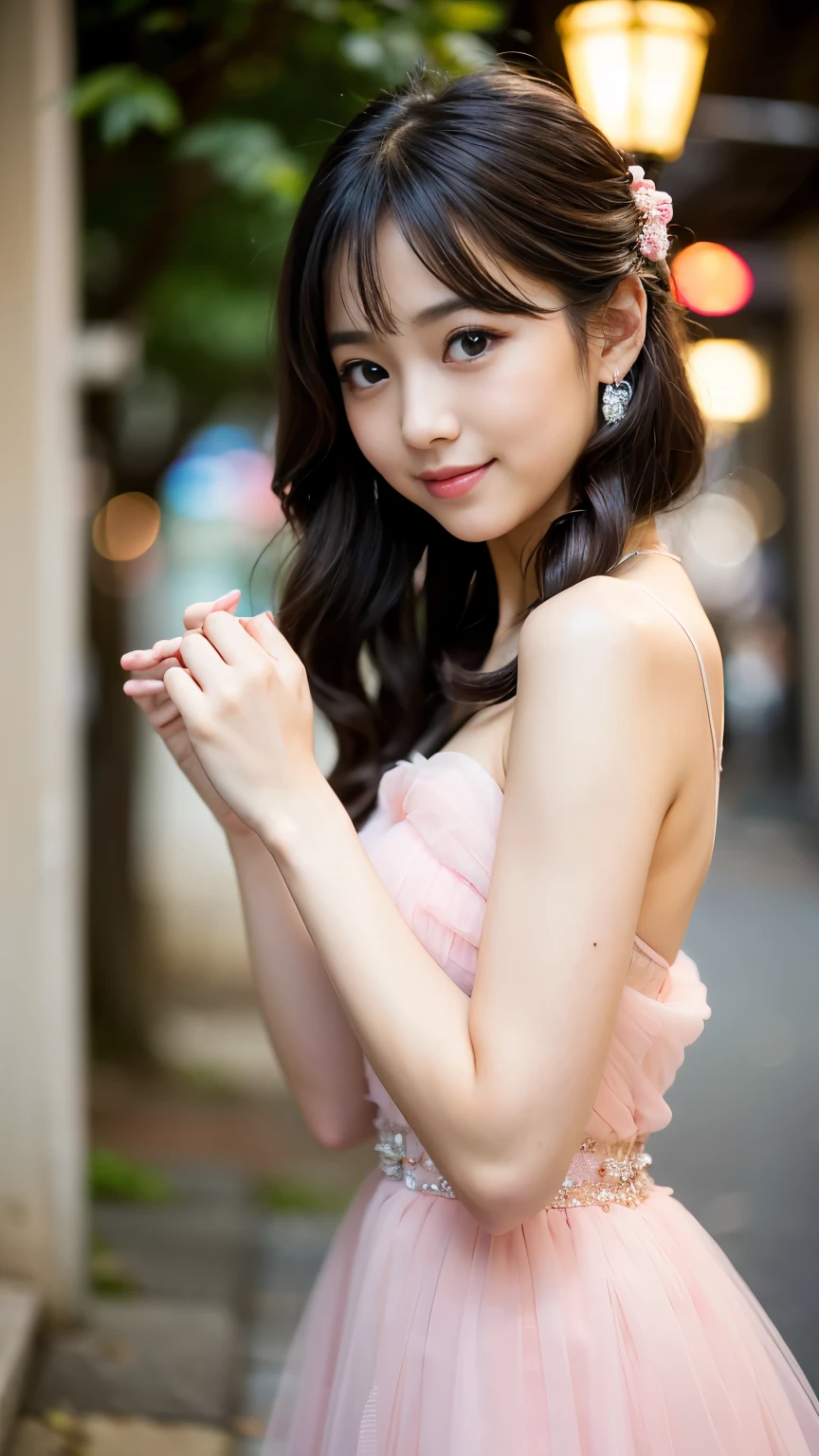 ((Best-quality, Masterpiece, Ultra-High-Resolution, (Photorealistic:1.4), Raw Photo, depth of field, professional lighting, perfect anatomy, extremely details, perfect face, perfect hair)), 1girl, 12-years-old, the most famous Japanese idol, upturned ass, full body, having a lot of fun at drinking party, (wearing light-pink evening gown with cute-design), (extremely cute face like the most popular Japanese idol, ((extremely cute and extremely big eyes)), extremely cute hair, extremely beautiful skins, extremely cute long-eyelashes, extremely cute lips), looking at viewer, innocent smile, dynamic pose, detailed wedding-party, detailed light-pink-evening-gown-with-cute-design