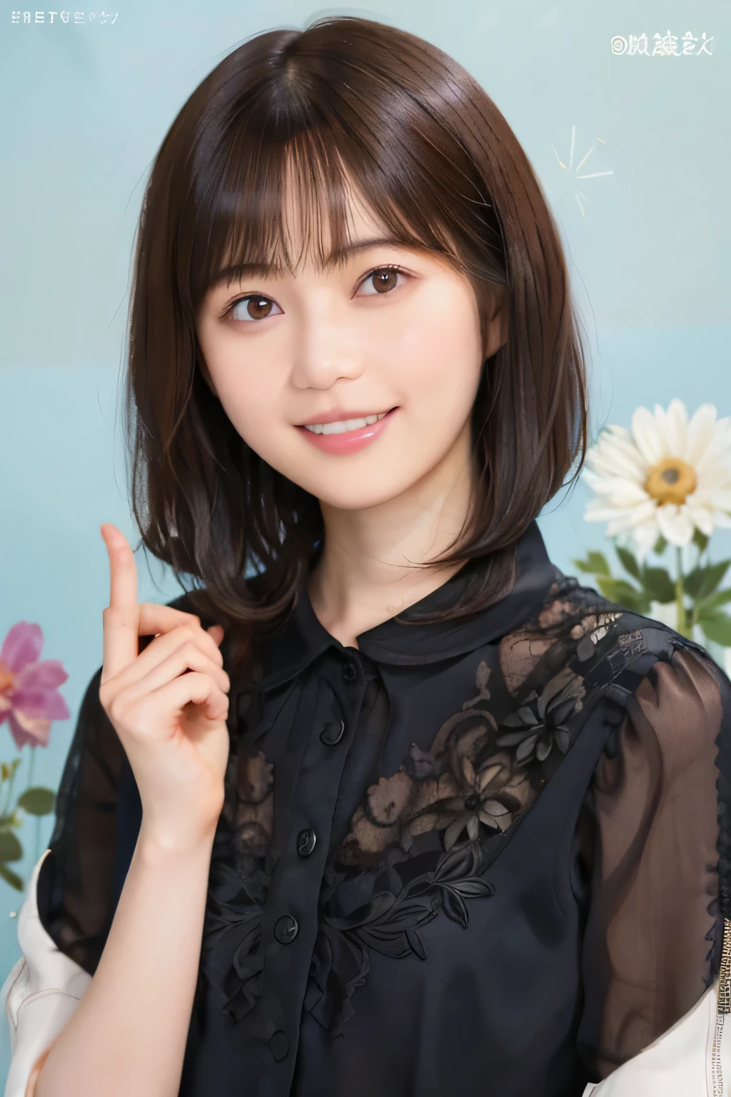 205 ((short hair)), 20 year old female, surrealism, Floral smile、Beautiful teeth alignment、Brown Hair