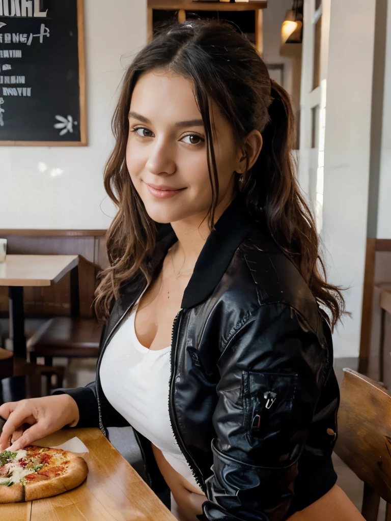 Beautiful 26 years old woman, braless, (((maria-luv))), pony tail, dark curly hair, wearing black bomber jacket, white loose t-shirt, pizza restaurant, canon 75 mm, natural morning light, realistic portrait, highly detailed, analog style, deep cleavage, full body, cute smile, from below