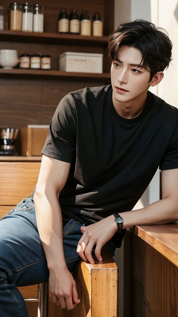 High Quality、Realistic facial features、A black t-shirt and jacket sit in a fashionable coffee shop in the sunlight.、man in jeans、Farewell to the Black Hair Center、Short Hair Hair、Similar to actors Lee Jong-shin and Ji Chang-wook.