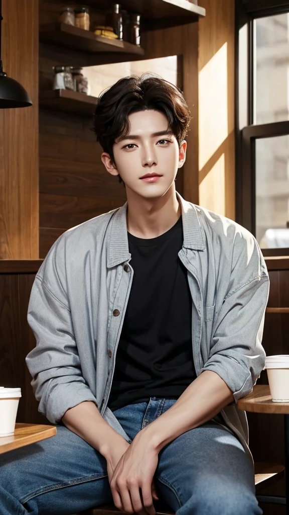 High Quality、Realistic facial features、A black t-shirt and jacket sit in a fashionable coffee shop in the sunlight.、man in jeans、Farewell to the Black Hair Center、Short Hair Hair、Similar to actors Lee Jong-shin and Ji Chang-wook.