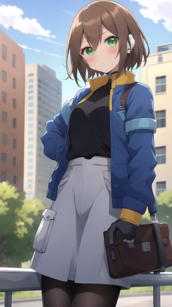 Aile_megamanzx, 1 girl, looking at viewer, Brown hair, green eyes ,City background , Blushed, ranch clothing, ak47 on hands