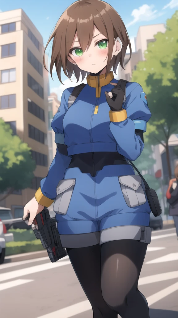 Aile_megamanzx, 1 girl, looking at viewer, Brown hair, green eyes ,City background , Blushed, ranch clothing, ak47 on hands