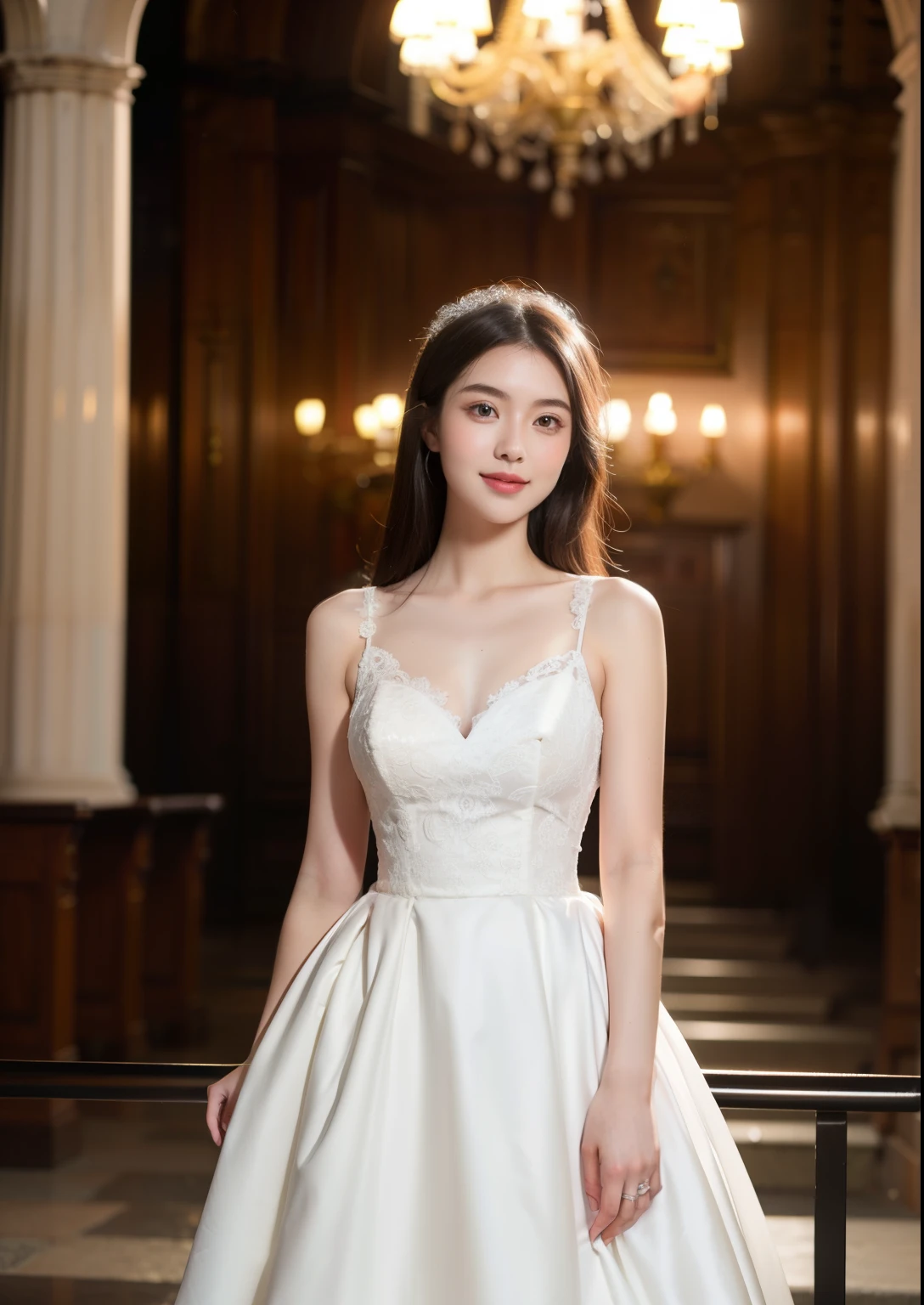 Beautiful 25 year old skinny woman。She is wearing a wedding dress. She is smiling on illuminated by the evening church lights on the romantic sunset time. her dark brown hair. High resolution、masterpiece、highest quality、頭w:1.0、((Hasselblad Photos))、fine skin、(movie lighting)、clavicle . full body picture.