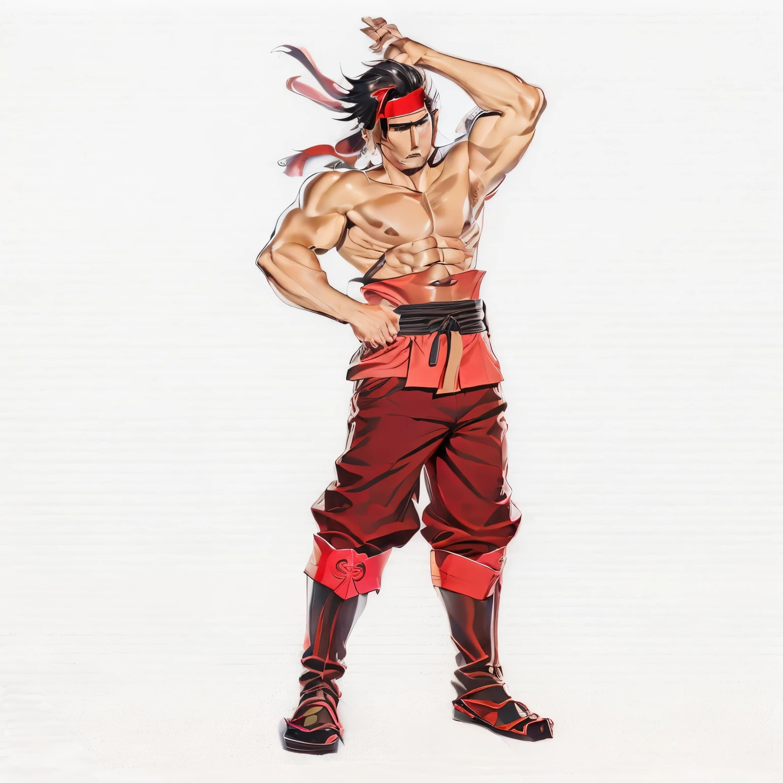 hombre tapandose del sol sin camisa pecho al descubierto musculoso antalones rojos cinta roja en la cabeza optimista anime