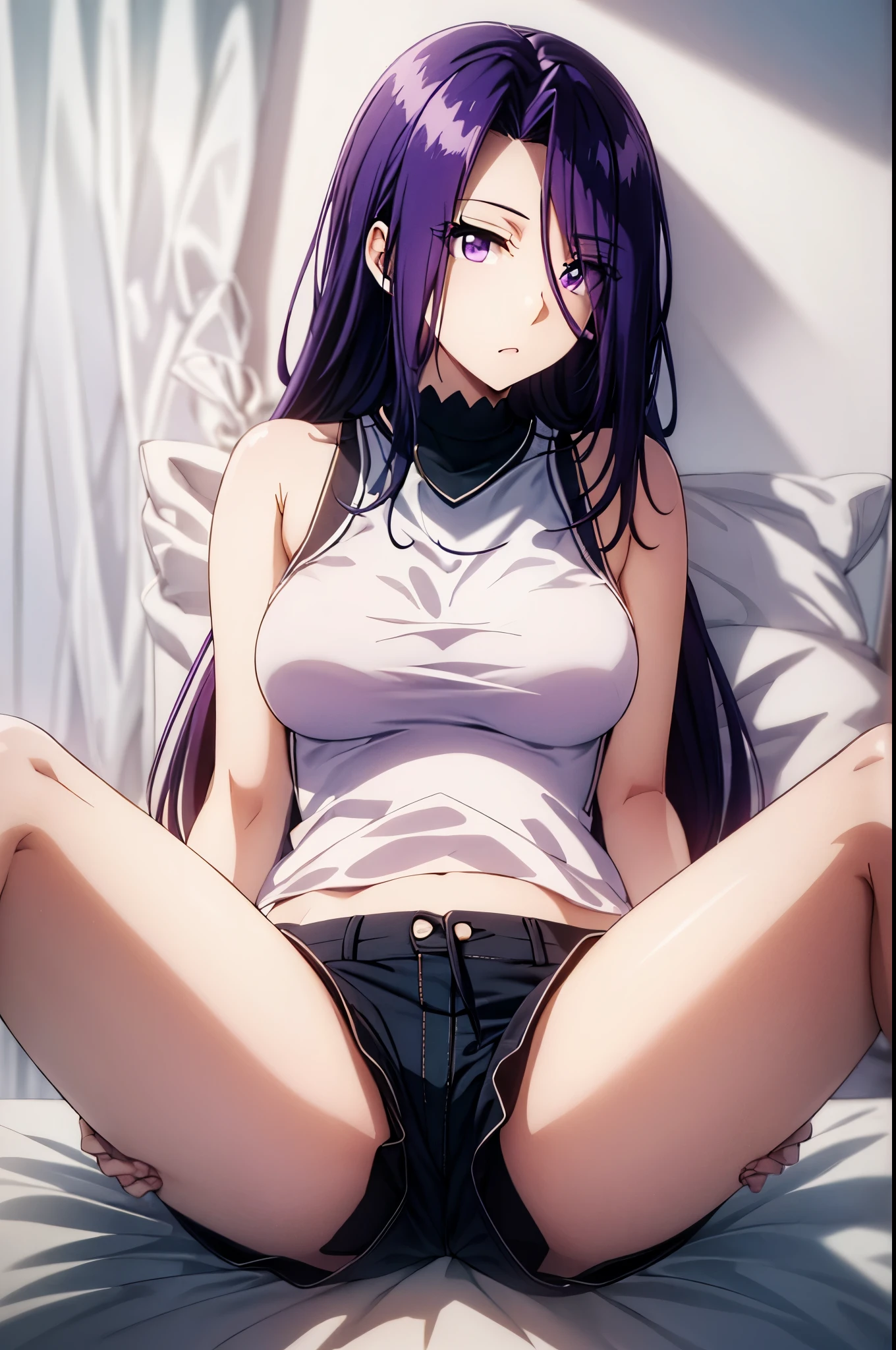 purple hair,purple eyes,((white top-tank,black shorts)),sitting on the bed, ((split legs))
