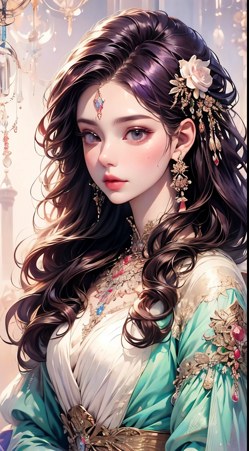 beautiful elegant woman, photorealistic, 8k, hyperdetailed, masterpiece, fantasy art, dreamlike background, 1 adult female, clean detailed face, beautiful warm brown eyes, shiny purple hair, lovely light blue dress with intricate embroidery, luxurious jewelry, mesmerizing detailed art