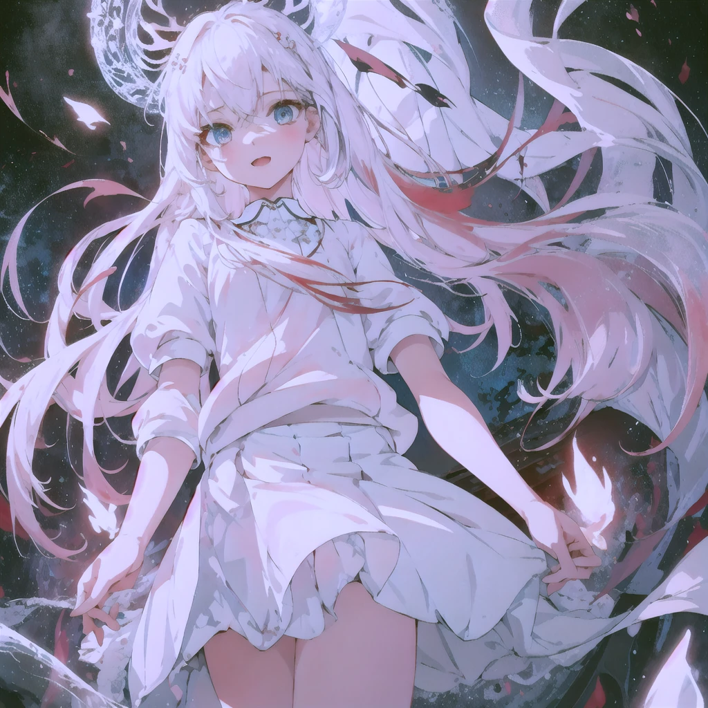 Beautiful Illustration, Best Quality, Cute  Girl, (Transformation Sequence), Transformation Magical Girl, , White Magical Girl, Fractal Art, Albino,  Face, Long Pure White Red Mesh Hair, Beautiful Elaborate Blue Eyes, Movie Lighting, Cowboy Shot, Viewer Looking, From Bottom, Happy, Skirt