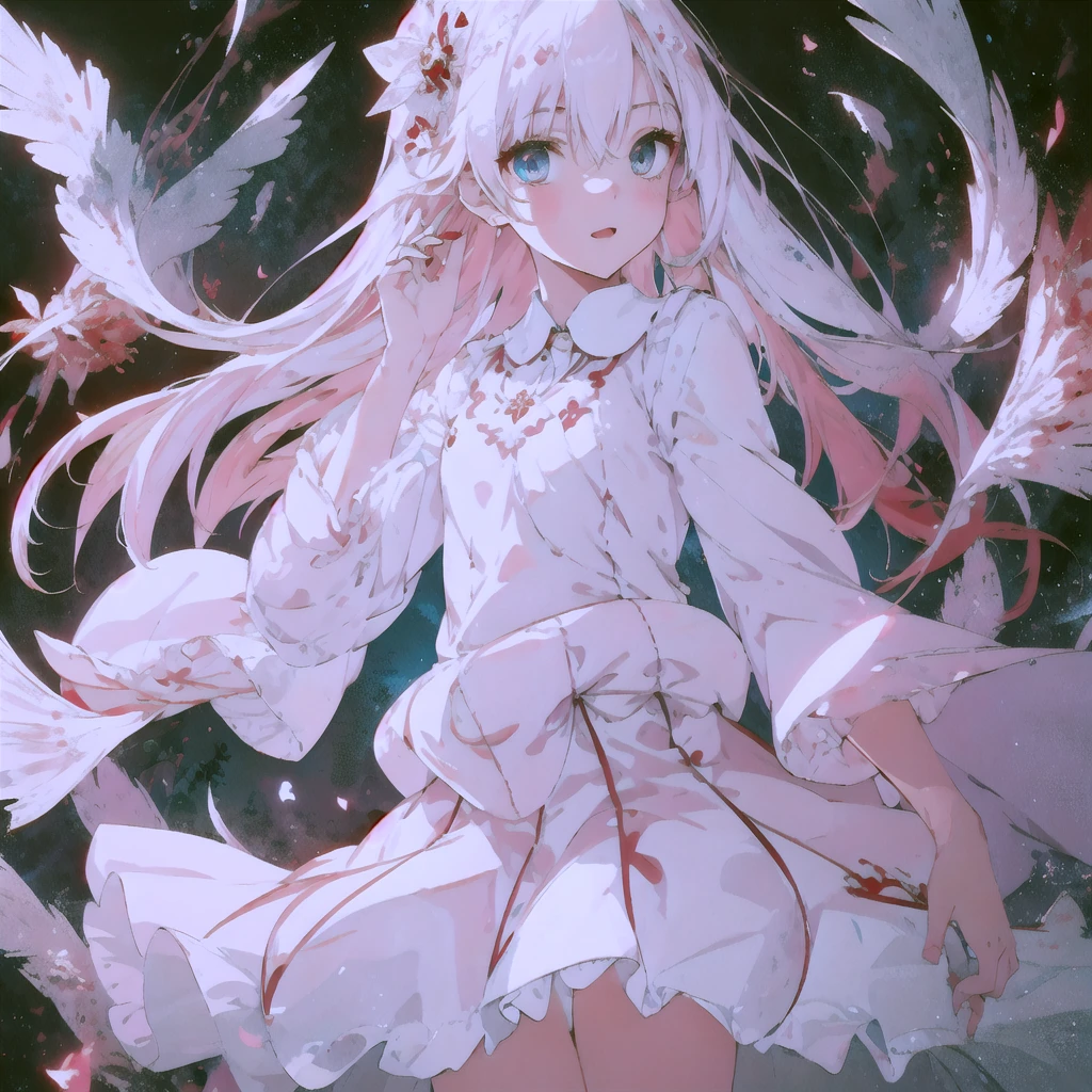 Beautiful Illustration, Best Quality, Cute  Girl, (Transformation Sequence), Transformation Magical Girl, , White Magical Girl, Fractal Art, Albino,  Face, Long Pure White Red Mesh Hair, Beautiful Elaborate Blue Eyes, Movie Lighting, Cowboy Shot, Viewer Looking, From Bottom, Happy, Skirt