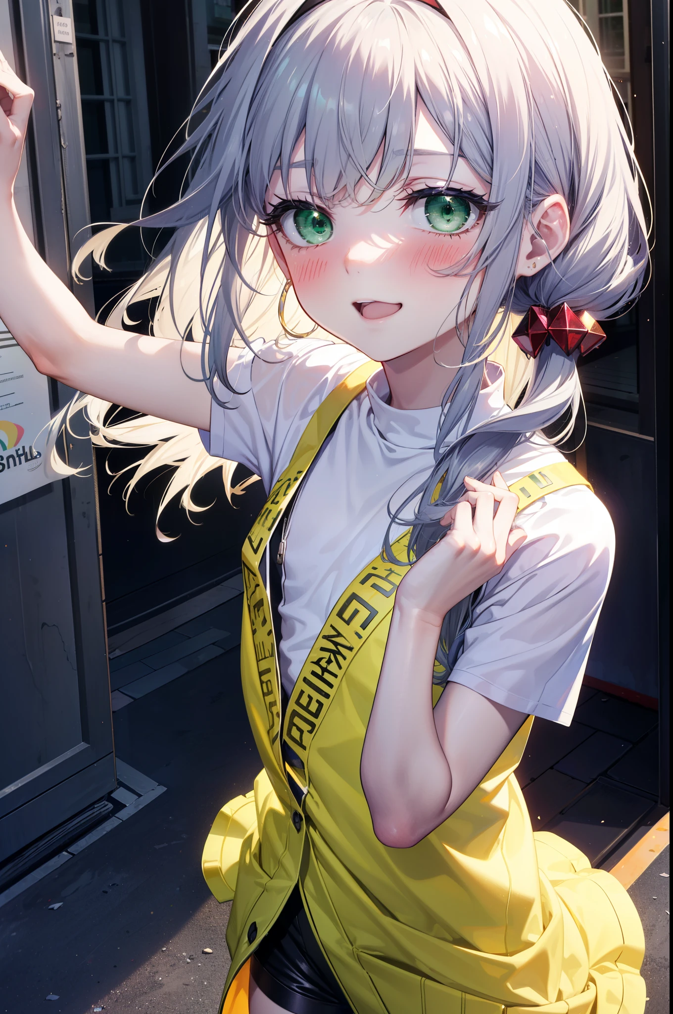 index, index, (Green Eyes:1.5), Silver Hair, Long Hair, (Flat Chest:1.2),happy smile, smile, Open your mouth,blush,hair band,Cordo shoulder top,Short sleeve,Shorts,Black tights,High-top sneakers,Daytime,Clear skies,whole bodyがイラストに入るように,Walking,
break looking at viewer, whole body,
break outdoors, In town,Building district,
break (masterpiece:1.2), highest quality, High resolution, unity 8k wallpaper, (figure:0.8), (Beautiful fine details:1.6), Highly detailed face, Perfect lighting, Highly detailed CG, (Perfect hands, Perfect Anatomy),