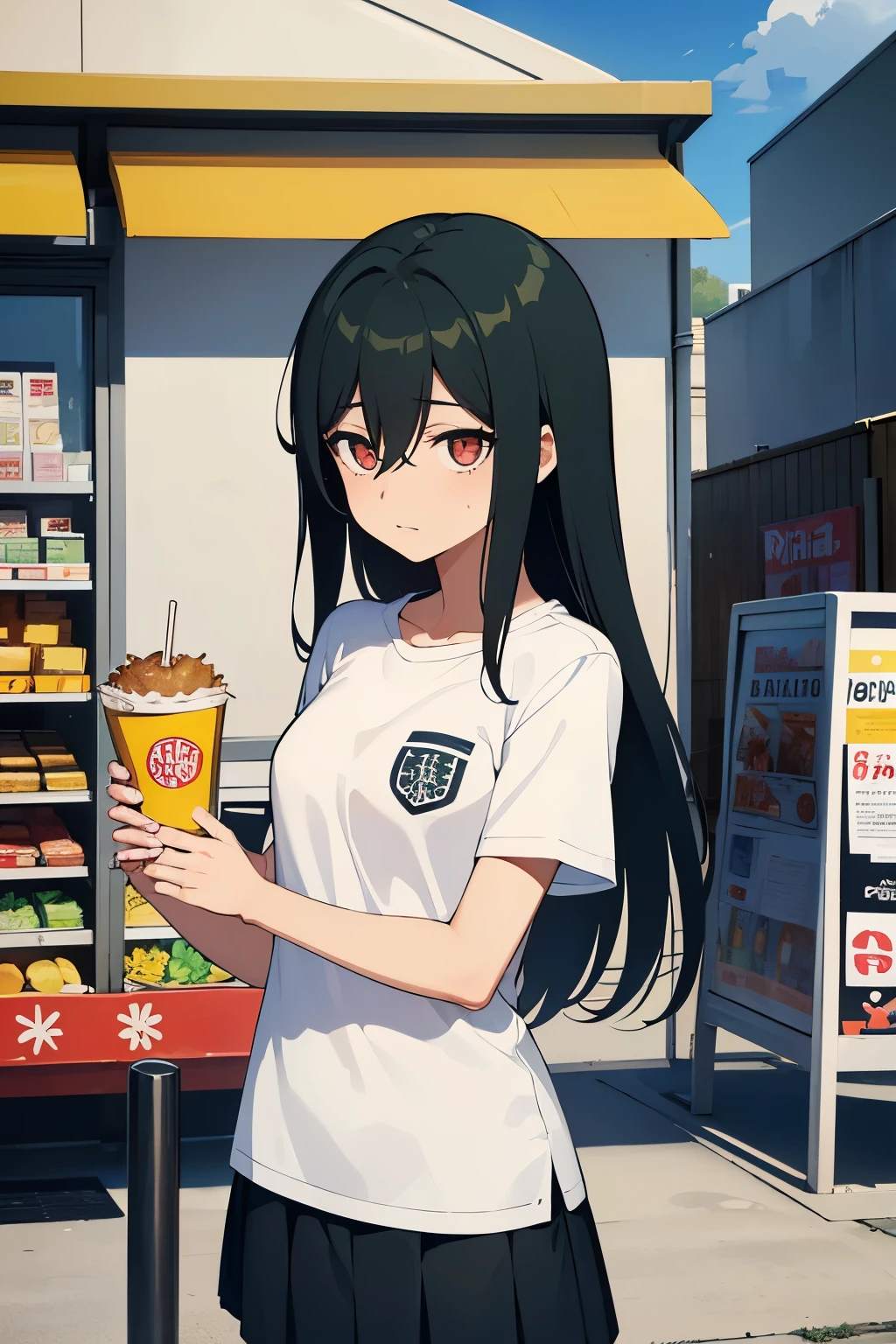 Genera a image of Tomoko Kuroki from the anime Watamote (chica bajita delgada cabello emo desordenado ojerosa ojos verdes y ansiosa) ponla trabajando en un Oxxo (roadside store where they sell fast food and other supplies) mientras usa su uniforme que es una camisa roja con cuello y bordes de la manga amarillos esta apenada ya que no dabe como atender