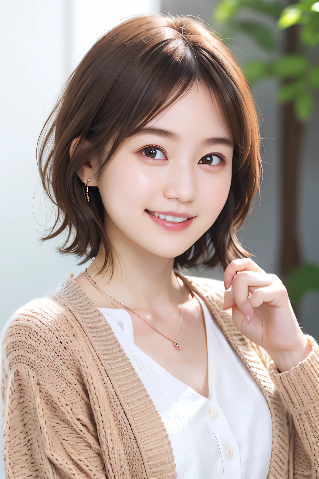 205  ((short hair)), 20-year-old female, In underwear、Put on a cardigan、 A refreshing smile、Open your mouth、Beautiful teeth alignment、Brown Hair、ear piercing、Necklace around the neck、