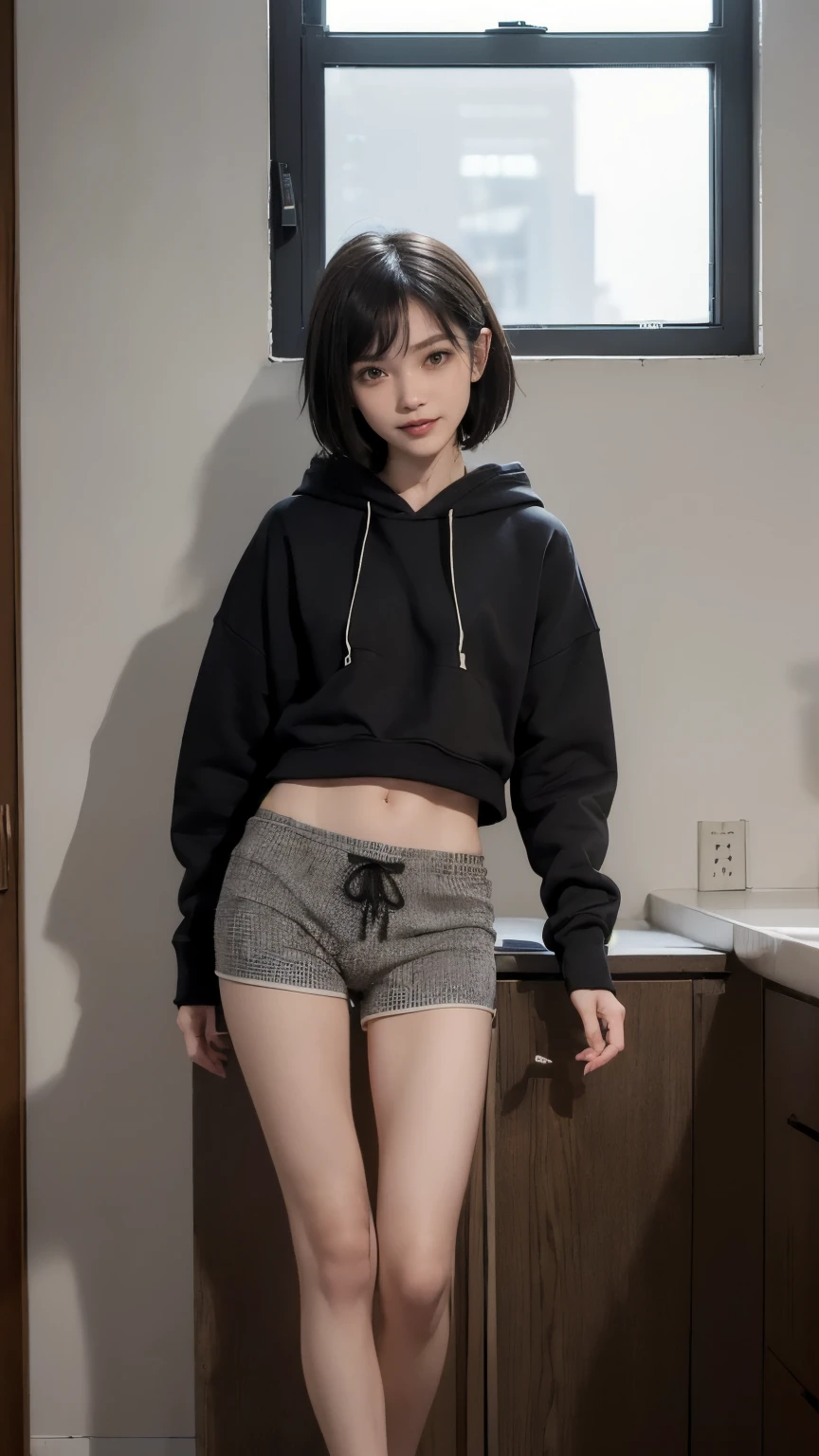 (Clothing:2.0, knit hoodie:1.8, boxer shorts:1.8), (Wet:1.2), ((A grin:1.2, Short Hair:1.2, slender:1.5, Small Ass:1.5)), (Kitchen room:1.5), ((Japanese, 1 Girl, 18-year-old, 7 heads, Ideal body proportions, Black Hair, With bangs, Small breasts, Erect nipples, slender, Small Ass, Beautiful feet, Skinny Legs)), Surrealism, Cinematic Lighting, Depth of written boundary, First Person View,  F/1.8, 135mm, Ticker, Mastepiece, Curate, ((Anatomically correct:1.3)), Textured skin, Super Detail, High detail, High quality, Awards, Best Quality, High resolution, 8K