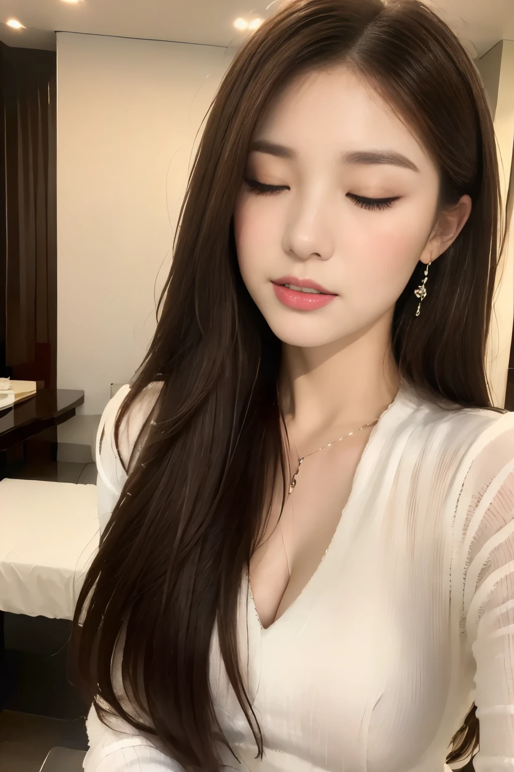 ((highest quality, 8k, masterpiece :1.3)), One girl, ,((close your eyes:1.3)),blush:1.2, Red lipstick:1.2,Dark lipstick:1.2,Slim face, Beautiful woman, Big Breasts:1.3, Highly detailed face, double eyelid, night, night scene, skyscraper, Hotel,bedroom,,Staring at the camera,White loose blouse,flare skirt,(masterpiece: 1.3), (Maximum resolution: 1.4), (Ultra high definition: 1.2), Cinematic Light, Ultra high definition, (Detailed eyes and skin), (Features of Detailed face), 8k resolution, Perfect Style, Beautiful expression、Highly detailed face and skin texture、Detailed face,Thin cheeks,((Pure white skin:1.1)),Glossy Lips:1.2,((Full Body Shot:1.2)),(Straight Hairstyles、Light brown hair),One Length,175cm,